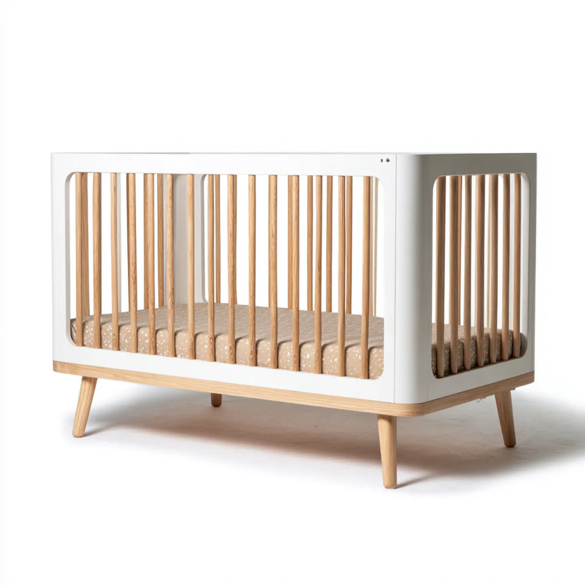Babybett Gitterbett Weiß Natur 120 x 60 cm aus MDF und massivem Buchenholz rechteckig