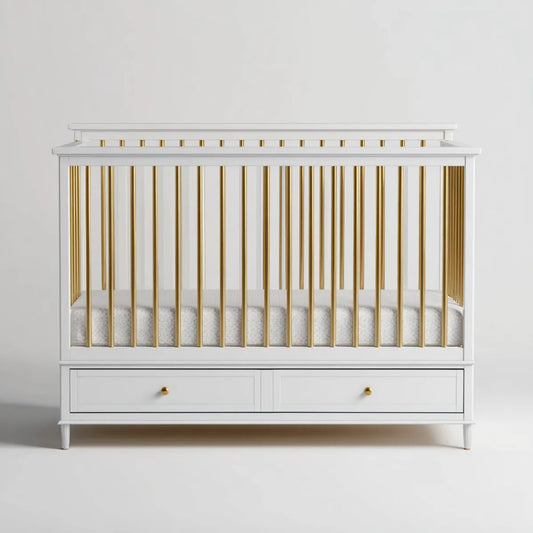 Baby Gitterbett Weiß Goldfarben 145 x 75 x 100 cm aus MDF und Stahl rechteckig mit 2 Schubladen