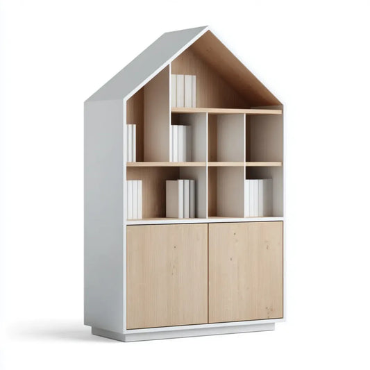 Kinderregal mit Schrank Weiß Natur 90 x 40 x 180 cm Spanplatte Hausform
